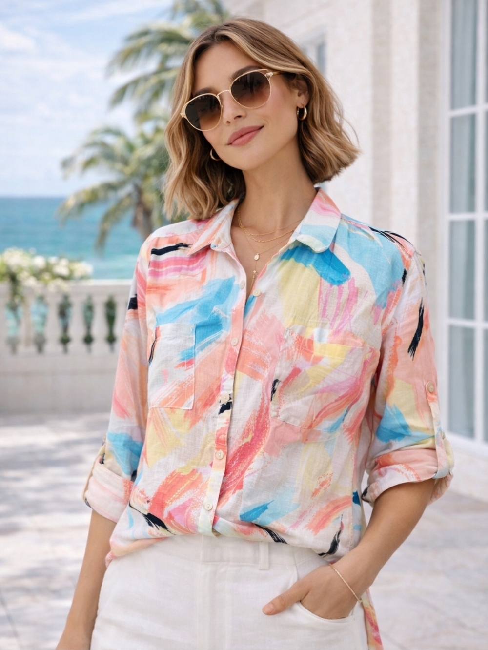 Northern Reflections Linen Blend Abstract Button Down XXL Roll Tab Sleeve Summer